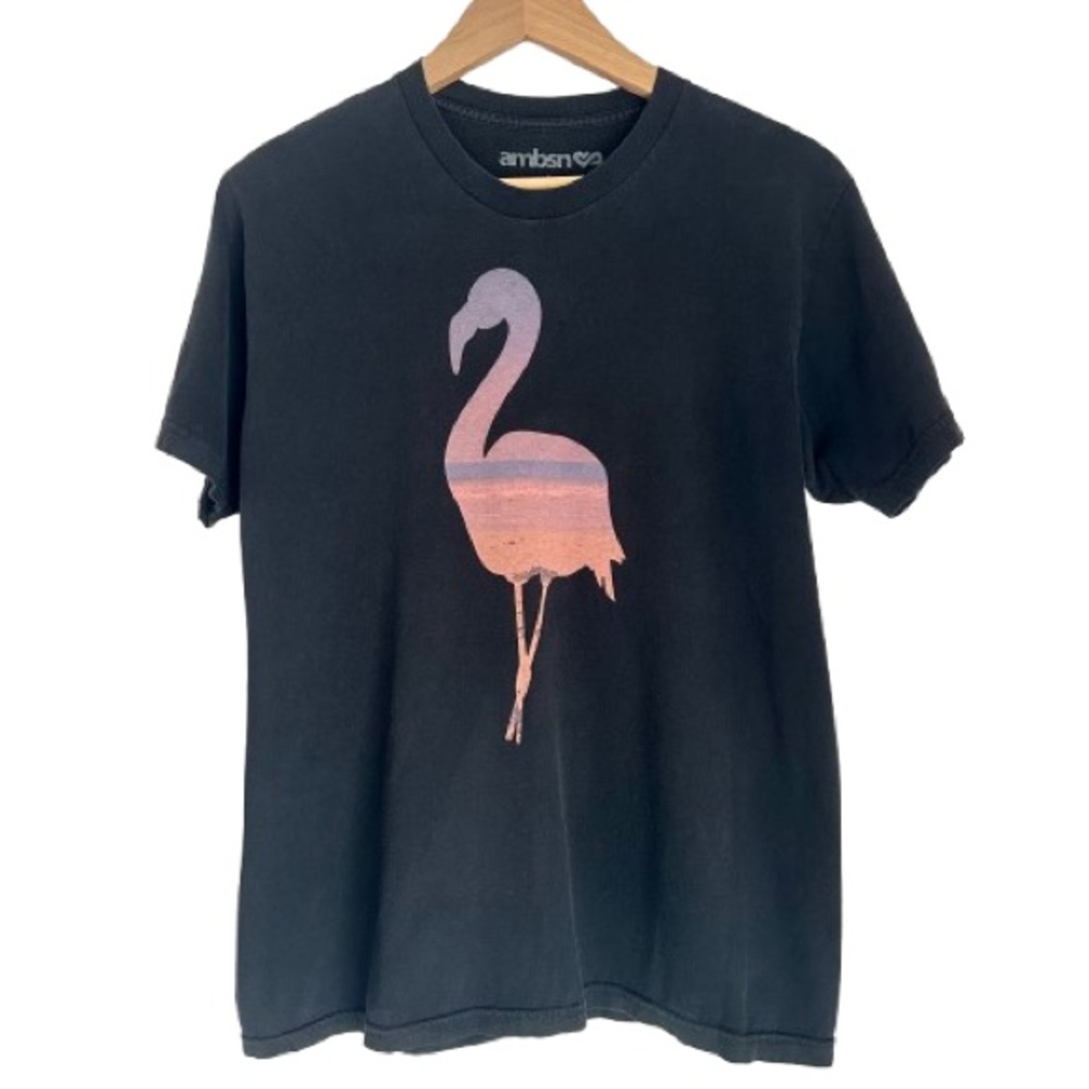 Ambsn Men’s Flamingo Sunset Print Graphic T-shirt On Black Background Size Large